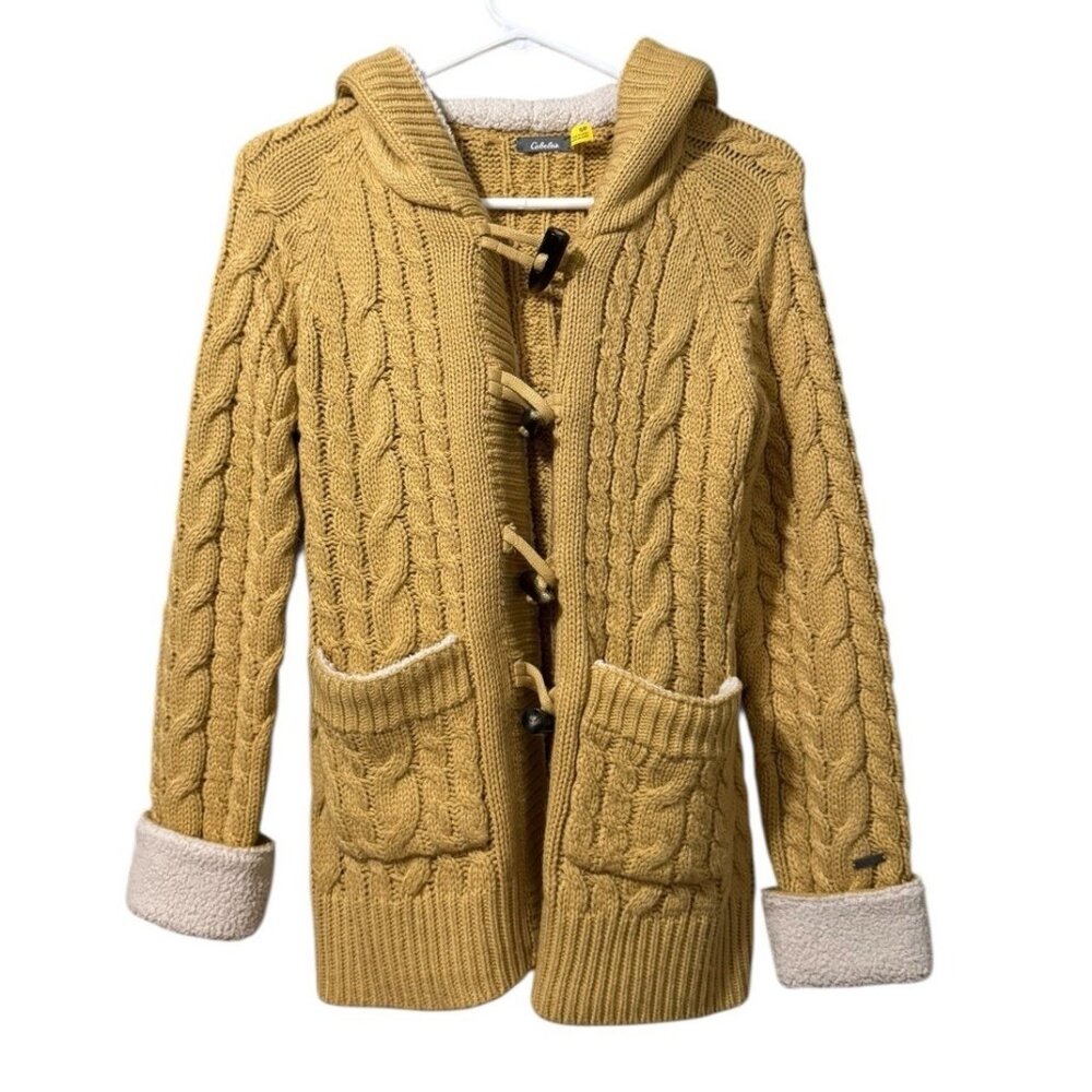 Cabelas Women's Knit Button Cardigan‎ Sweater Jacket Heavy Size S Sherpa Hood